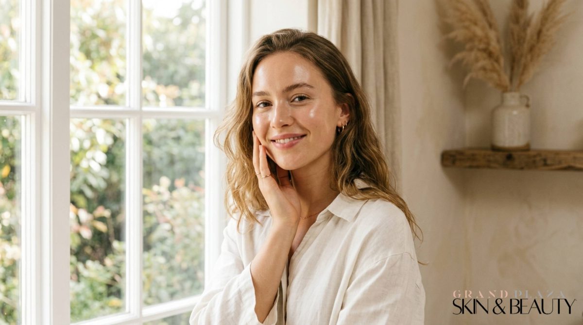 Person with wavy light brown hair in a white shirt standing near a window, softly touching face, with beige curtains and pampas grass in a vase, promoting Grand Plaza Skin & Beauty.