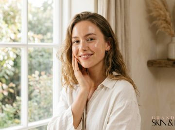 Person with wavy light brown hair in a white shirt standing near a window, softly touching face, with beige curtains and pampas grass in a vase, promoting Grand Plaza Skin & Beauty.