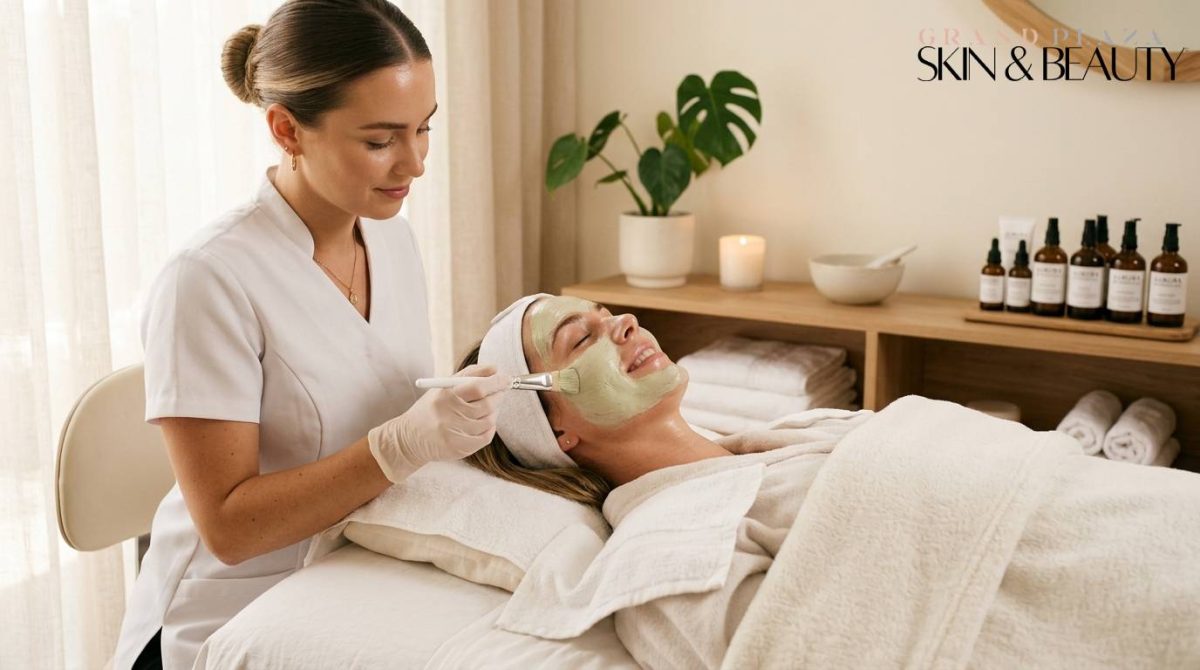 Client in white robe receiving Deluxe Facial in Browns Plains with green facial mask applied by professional in gloves at Grand Plaza Skin & Beauty spa, surrounded by skincare products, towels, candle, and plant in a calm setting.