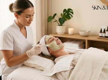 Client in white robe receiving Deluxe Facial in Browns Plains with green facial mask applied by professional in gloves at Grand Plaza Skin & Beauty spa, surrounded by skincare products, towels, candle, and plant in a calm setting.