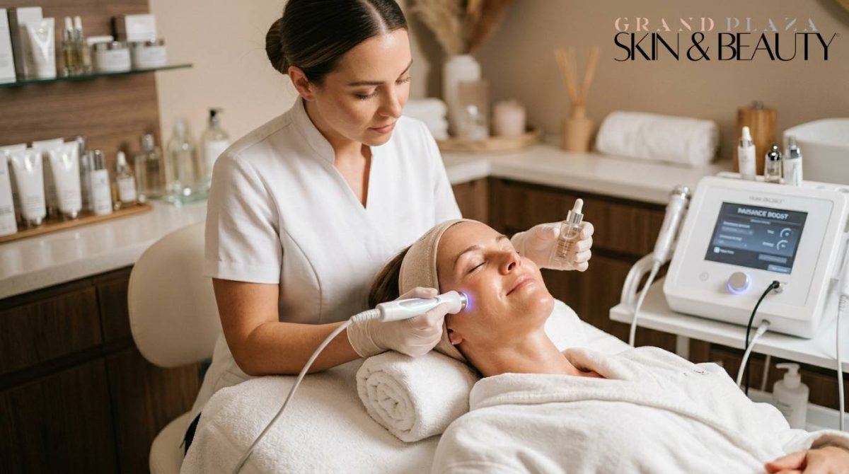 Client receiving Wrinkle Reduction Facials in Browns Plains with advanced blue light and serum devices applied by professional at Grand Plaza Skin & Beauty spa, surrounded by modern skincare equipment and neatly arranged products.