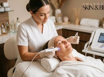Client receiving Wrinkle Reduction Facials in Browns Plains with advanced blue light and serum devices applied by professional at Grand Plaza Skin & Beauty spa, surrounded by modern skincare equipment and neatly arranged products.