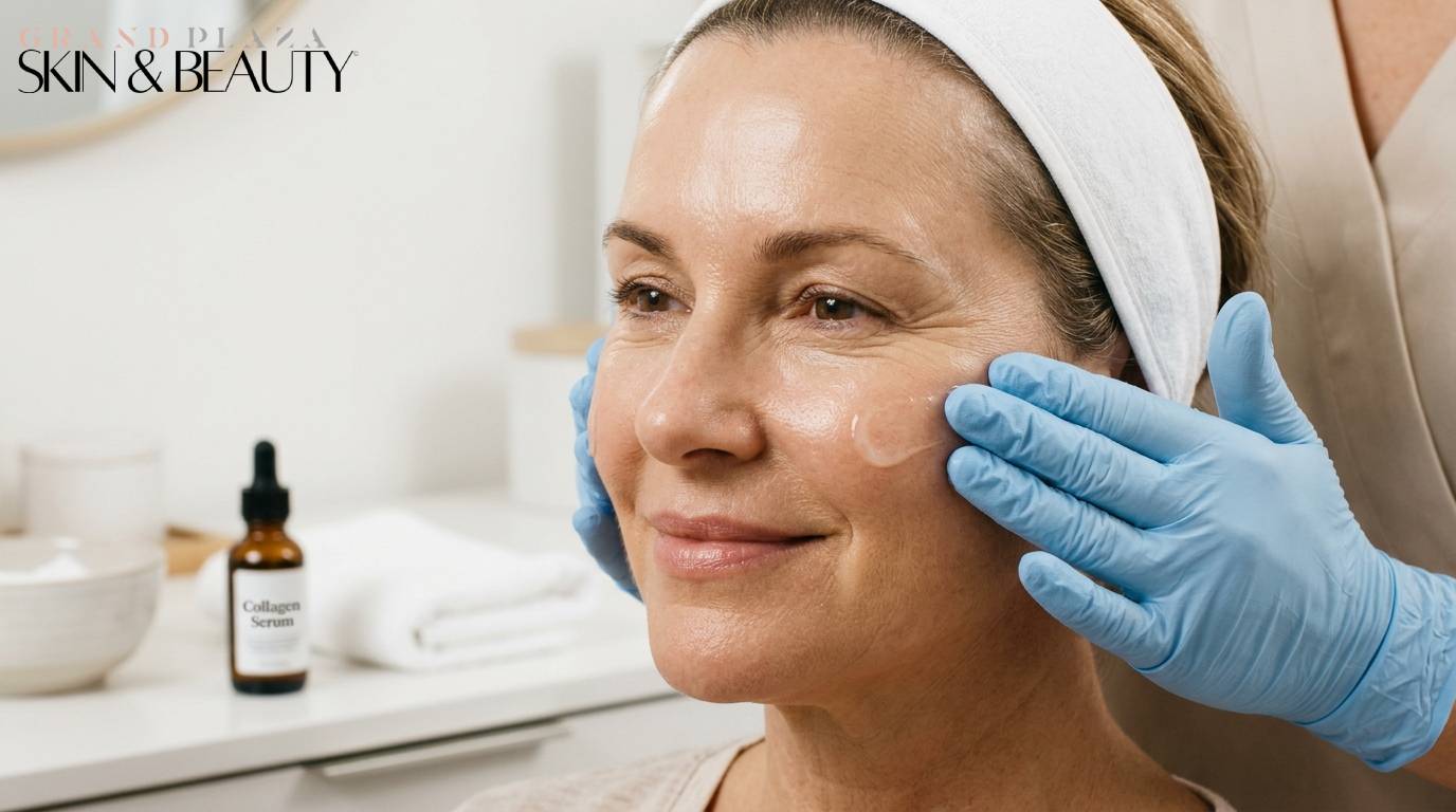 Client with headband receiving Wrinkle Reduction Facials in Browns Plains, as professional in blue gloves applies collagen serum at Grand Plaza Skin & Beauty spa, with skincare products and towels creating a rejuvenating atmosphere.