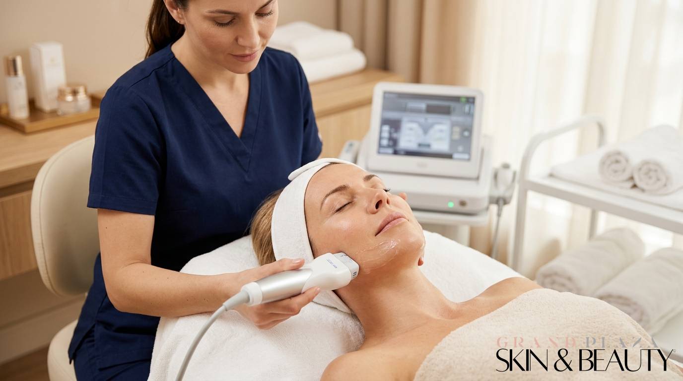 Client receiving hifu treatment in brisbane with advanced handheld device applied by professional in navy uniform at grand plaza skin & beauty spa, featuring rejuvenation machine, towels, and skincare products in a clean, modern setting.