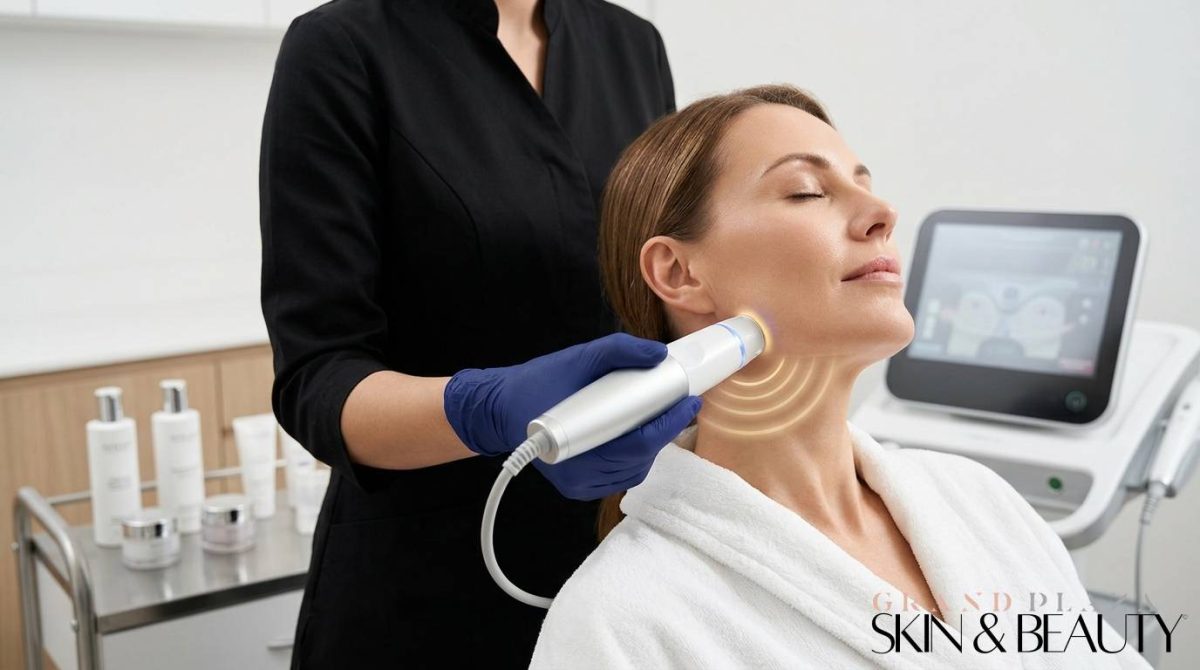 Client receiving HIFU Treatment in Brisbane with handheld device applied to lower face and neck by professional in black uniform at Grand Plaza Skin & Beauty, with advanced aesthetic machine and skincare products in a modern clinical setting.