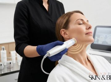Client receiving HIFU Treatment in Brisbane with handheld device applied to lower face and neck by professional in black uniform at Grand Plaza Skin & Beauty, with advanced aesthetic machine and skincare products in a modern clinical setting.