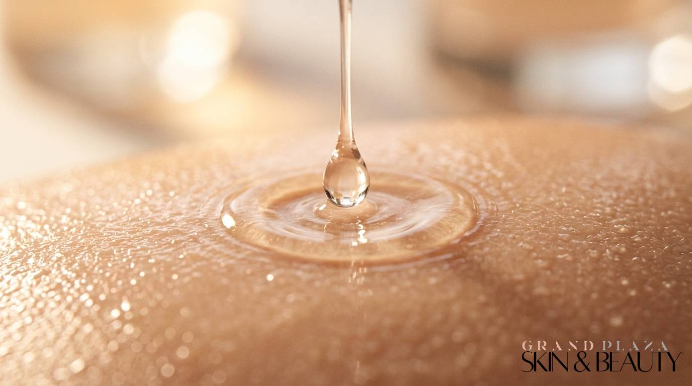 Close-up of droplet falling onto smooth skin surface — representing dermaplaning facial in Brisbane for hydration and rejuvenation.