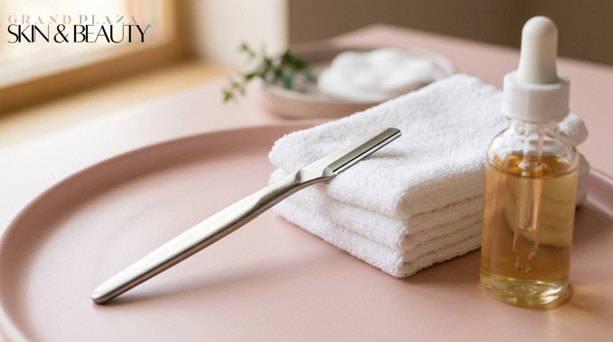 Skincare setup with towels, facial razor, and serum bottle — representing dermaplaning facial in Brisbane for smooth, radiant skin.