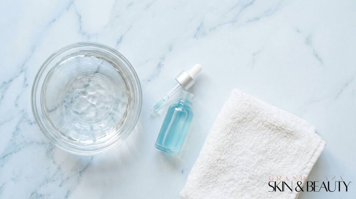 Minimalist skincare setup with water bowl, serum dropper, and towel — representing hydrodermabrasion facial Brisbane for deep cleansing and hydration.
