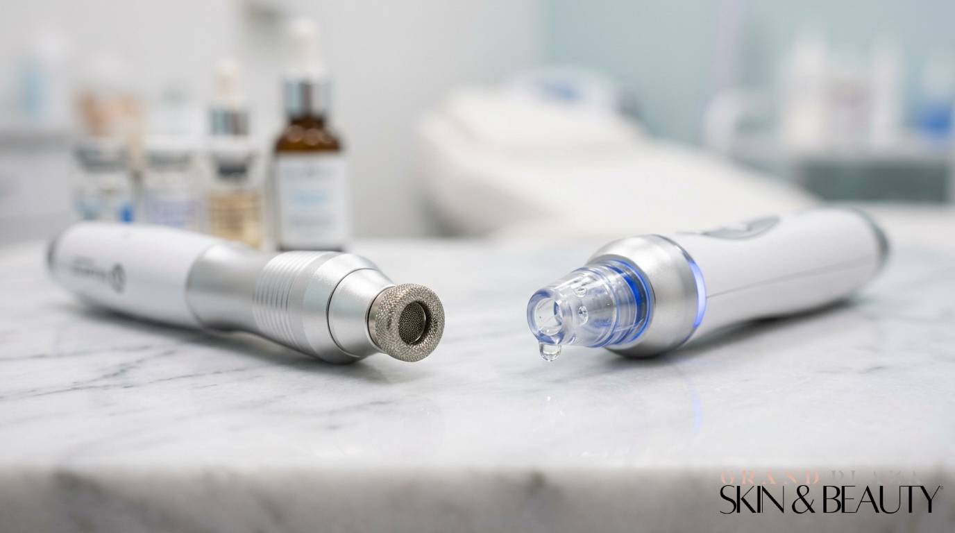 Professional skincare devices for exfoliation and serum infusion — representing microdermabrasion facial Brisbane with advanced beauty technology.