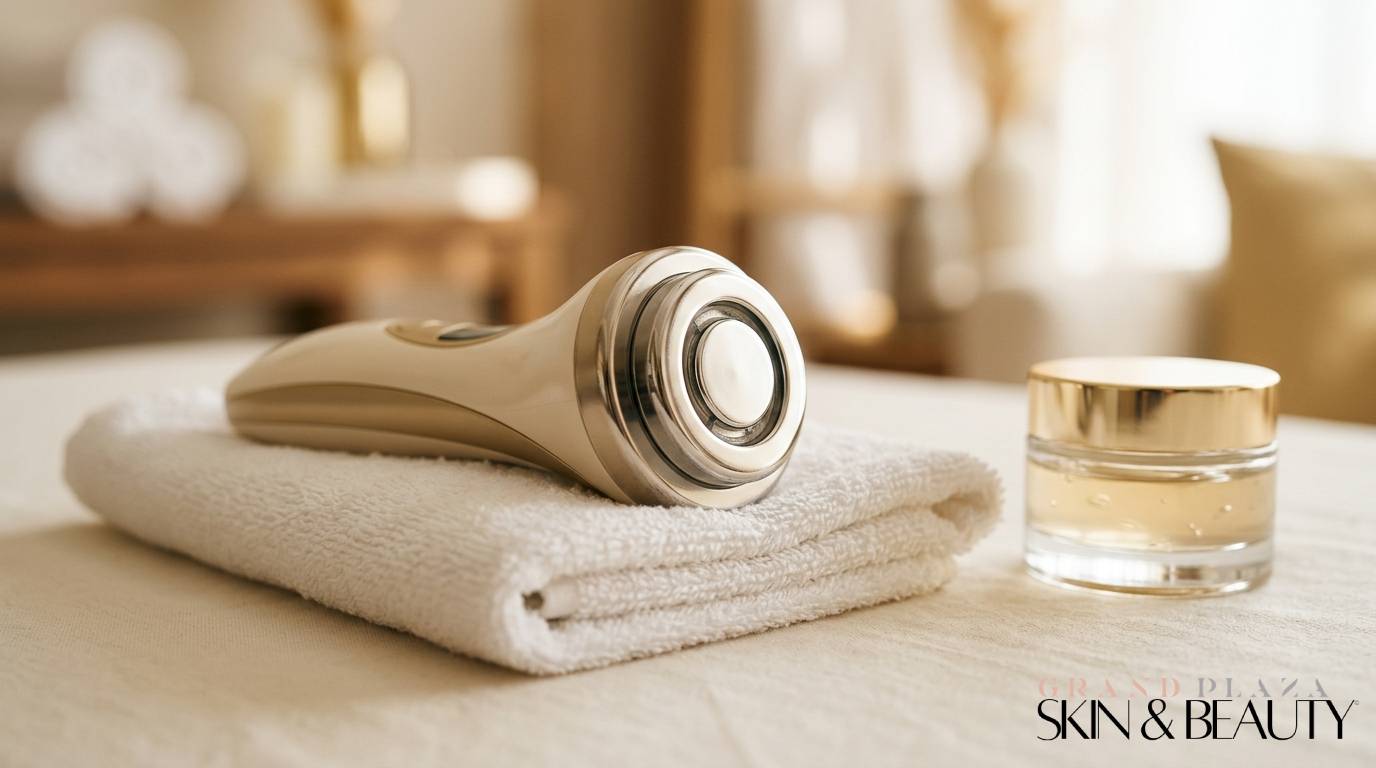 Handheld beauty device with towel and skincare jar — representing RF skin tightening Brisbane for lifting and firming treatments.