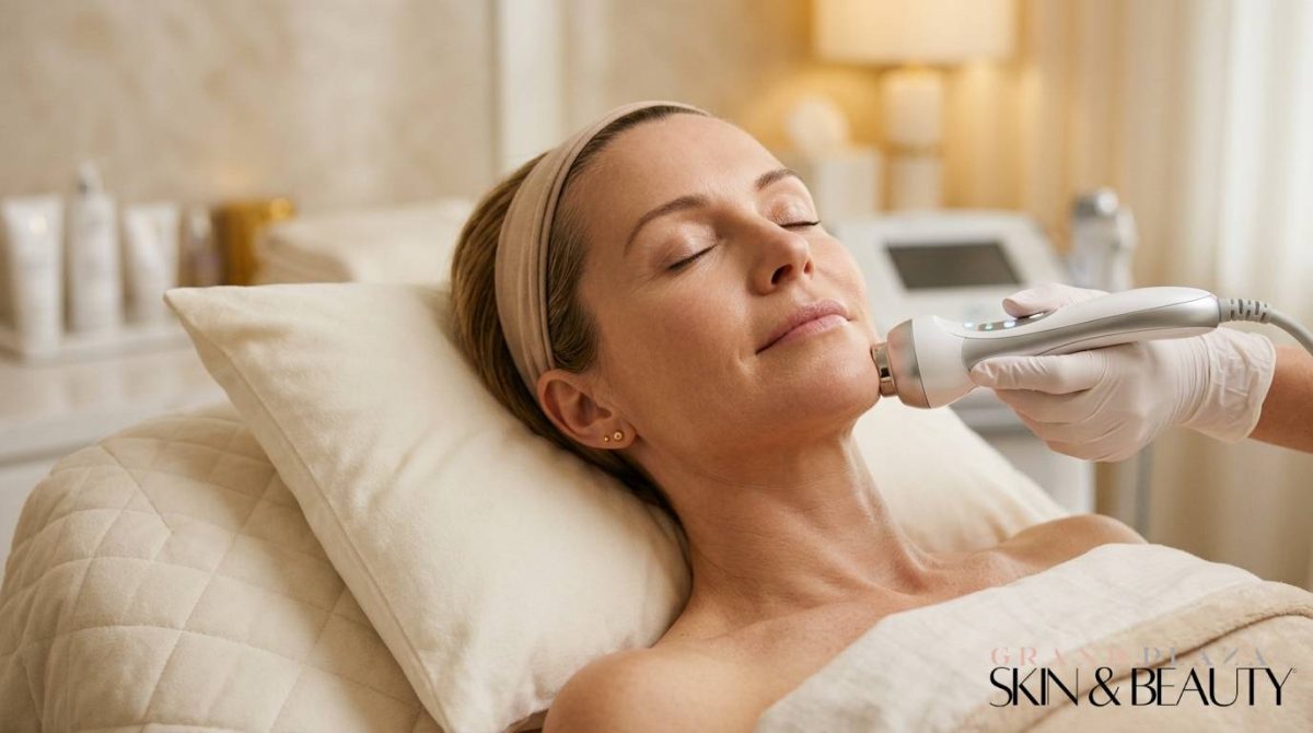 Client receiving RF skin tightening facial on jawline with handheld device — professional treatment in Brisbane for lifting and firming.