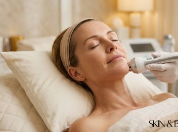 Client receiving RF skin tightening facial on jawline with handheld device — professional treatment in Brisbane for lifting and firming.