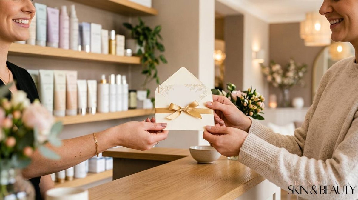 Beauty and spa gift card exchange at salon reception, with pastel skincare products displayed on shelves.