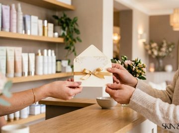 Beauty and spa gift card exchange at salon reception, with pastel skincare products displayed on shelves.