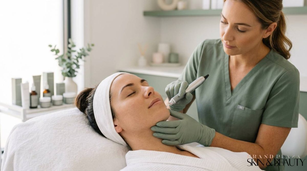 Plasma face lift Browns Plains skincare treatment performed by professional in green scrubs using handheld device on client’s face.