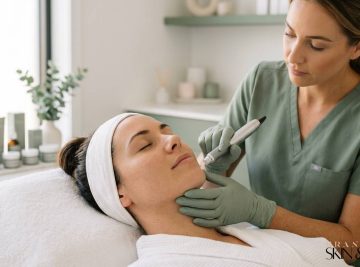 Plasma face lift Browns Plains skincare treatment performed by professional in green scrubs using handheld device on client’s face.
