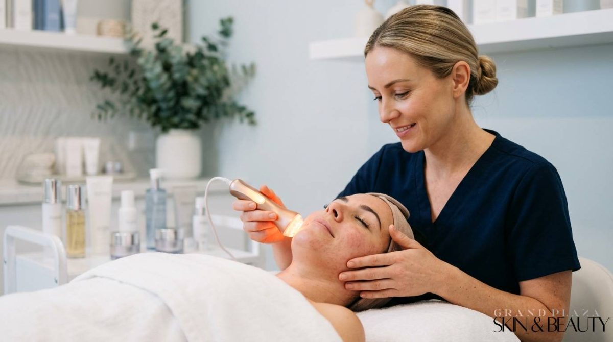 Rosacea skin treatment Browns Plains using handheld light therapy device on client’s face in professional skincare clinic.