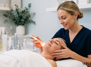 Rosacea skin treatment Browns Plains using handheld light therapy device on client’s face in professional skincare clinic.